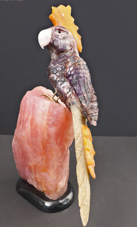 Rose Quartz Crystal Parrot Sculpture