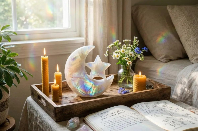 Selenite moon and star crystal sculpture for bedroom decor