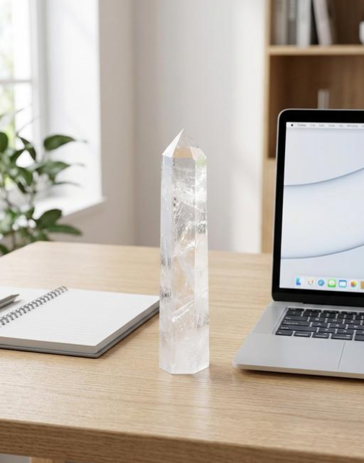Clear quartz crystal tower on an office desk