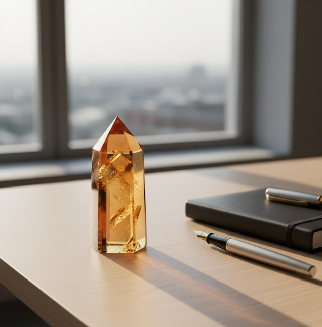 Faceted citrine crystal tower for office desk decor