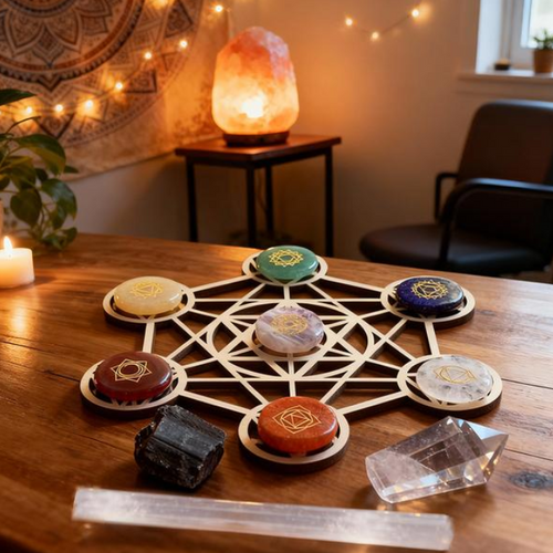 7 Chakra Crystal Energy Grid with colorful chakra stones