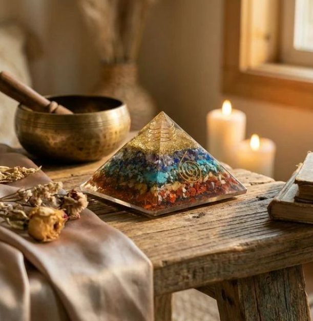 Multicolor orgonite crystal pyramid with natural stone inclusions