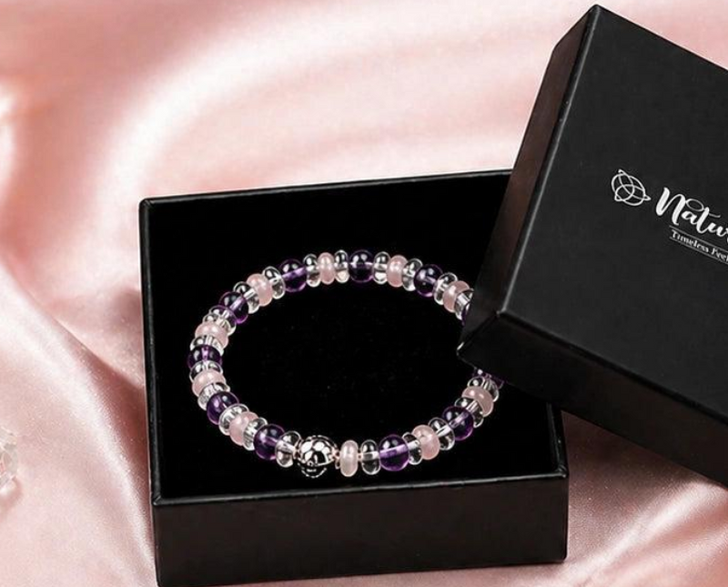 Rose quartz and amethyst beaded bracelet in a black luxury gift box