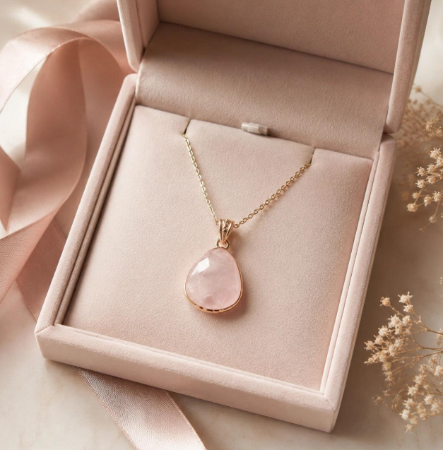 Rose quartz teardrop pendant necklace in a luxury pink gift box