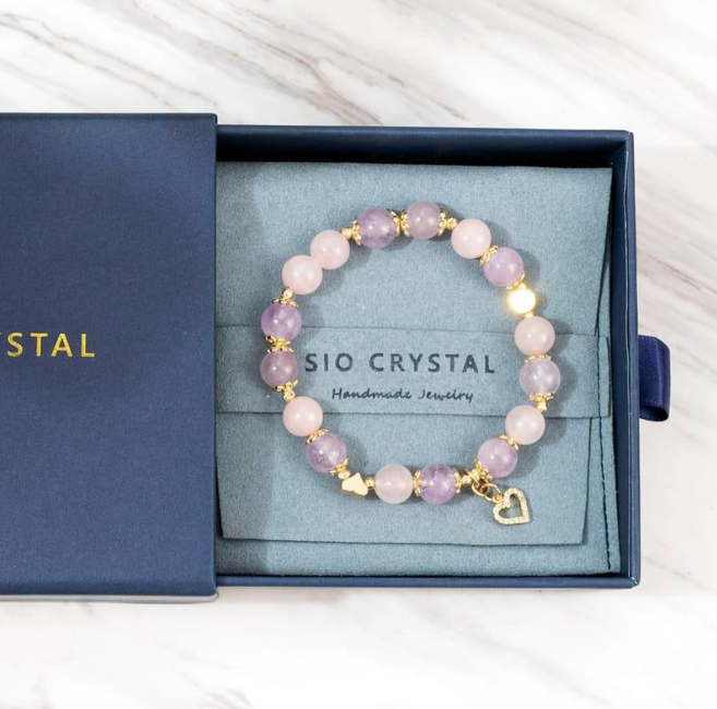 Rose quartz and amethyst bead bracelet with heart charm in gift box
