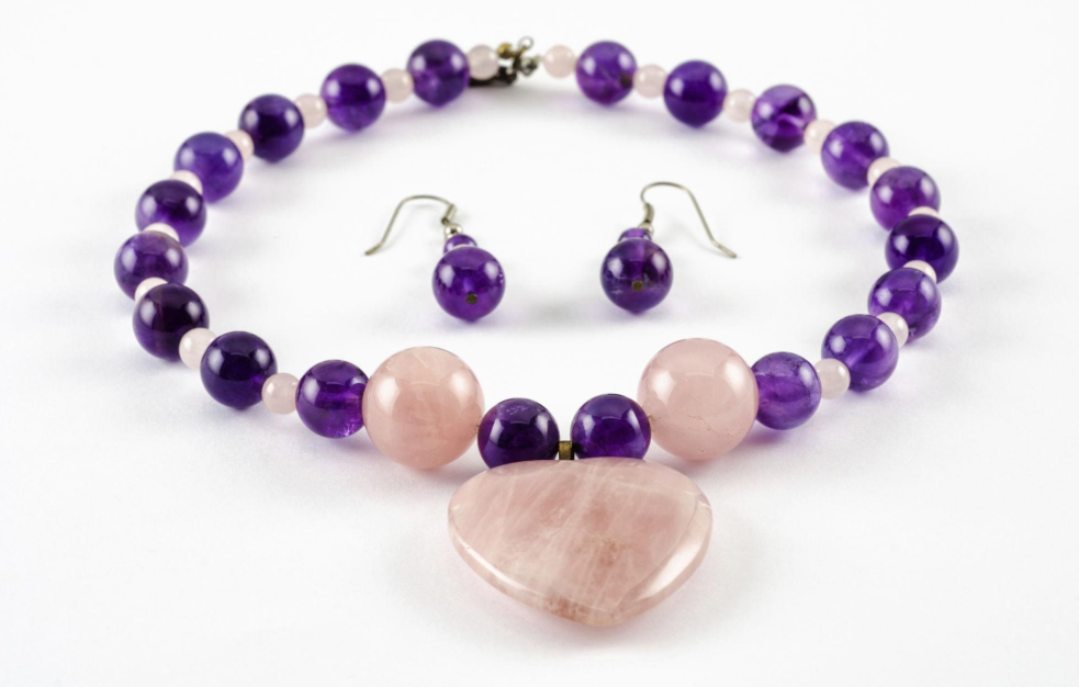Amethyst and rose quartz necklace and earrings jewellery set