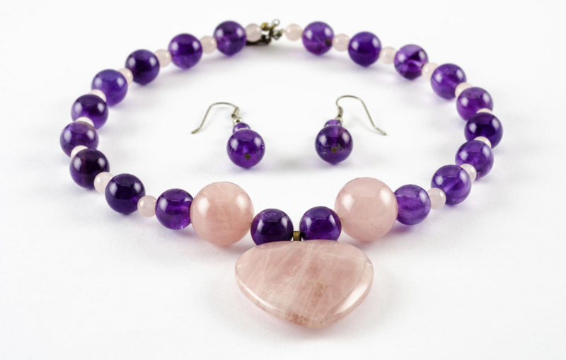 Amethyst and rose quartz necklace and earrings jewellery set