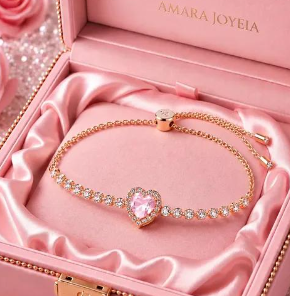Pink crystal heart charm bracelet in a luxury gift box