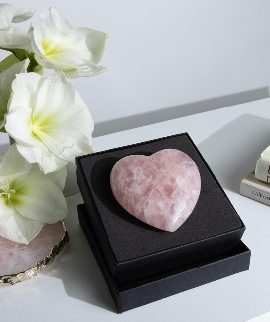 Large polished rose quartz heart in a premium black gift box