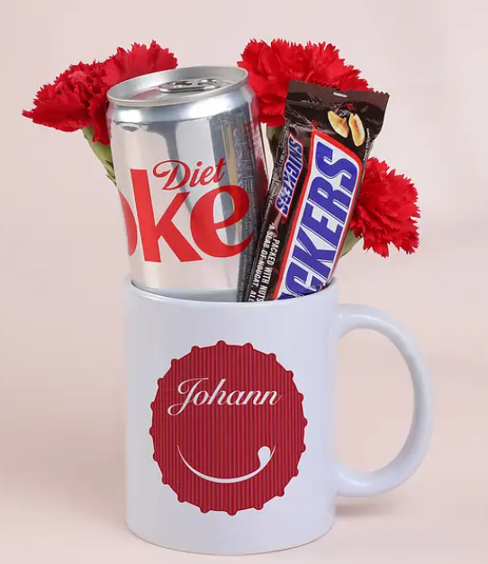 Personalised Mug with Diet Cola, Chocolate Bar and Flowers
