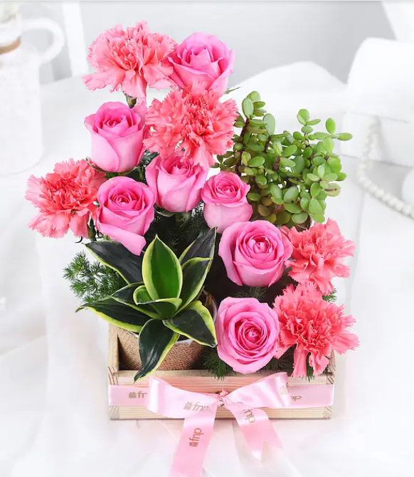 Pink Roses, Carnations and Greenery Gift Tray
