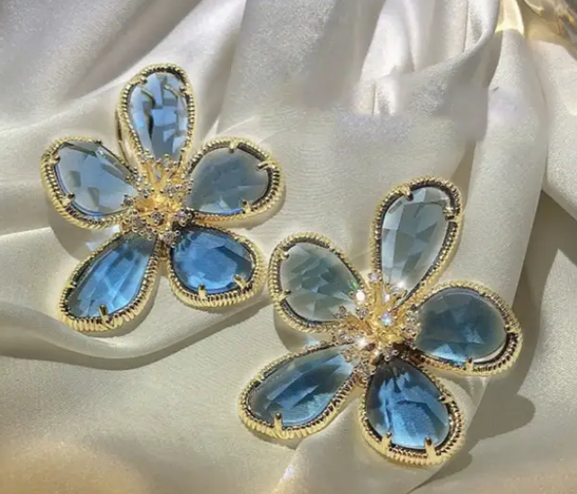 Blue Crystal Flower Earrings