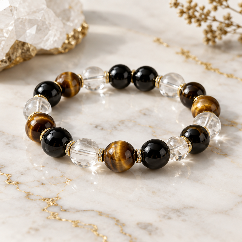 Black Obsidian, Tiger's Eye & Clear Quartz Protection Bracelet